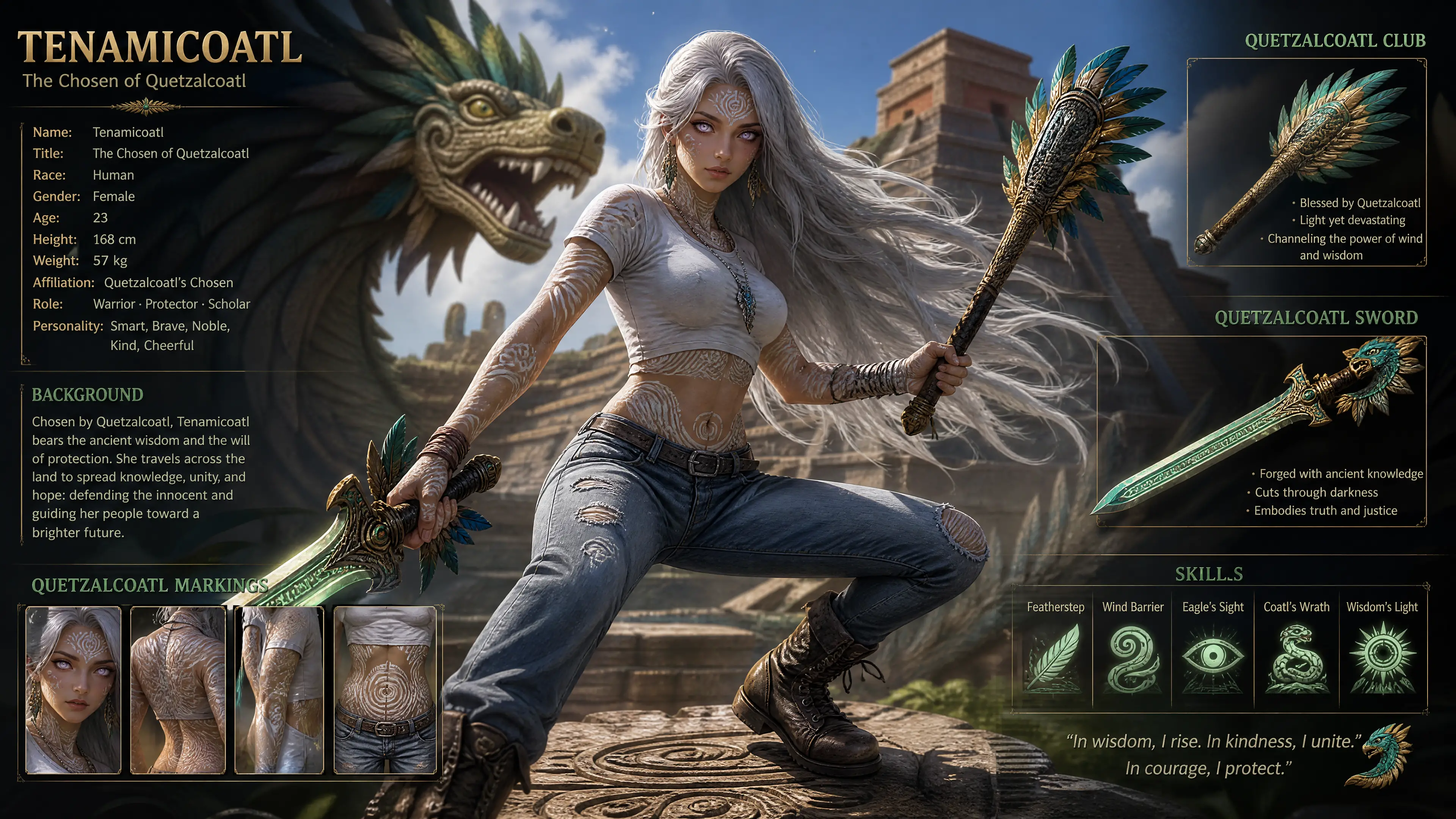 Une femme fantastique aux cheveux argentés, avec des marques de Quetzalcóatl, une massue et une épée