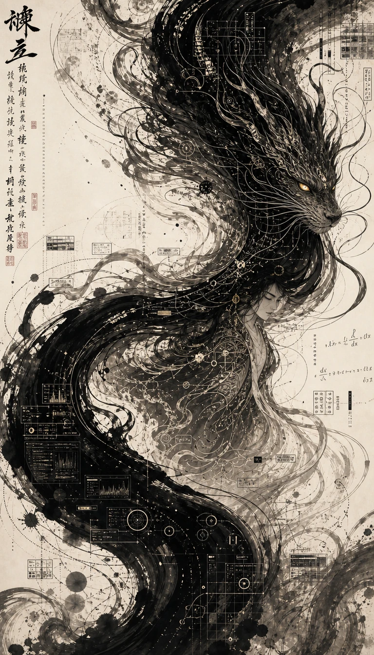 An enormous ink brushstroke curls across the page like a dragon