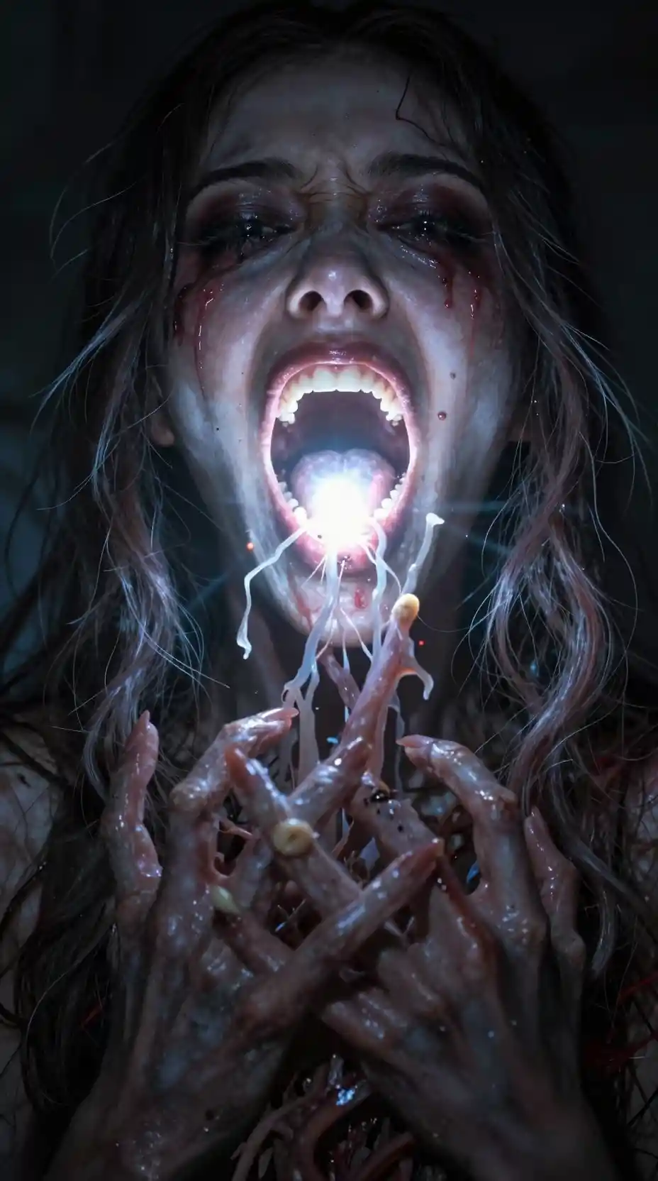 Uma mulher aterrorizada revela um teratoma grotesco dentro da sua boca aberta