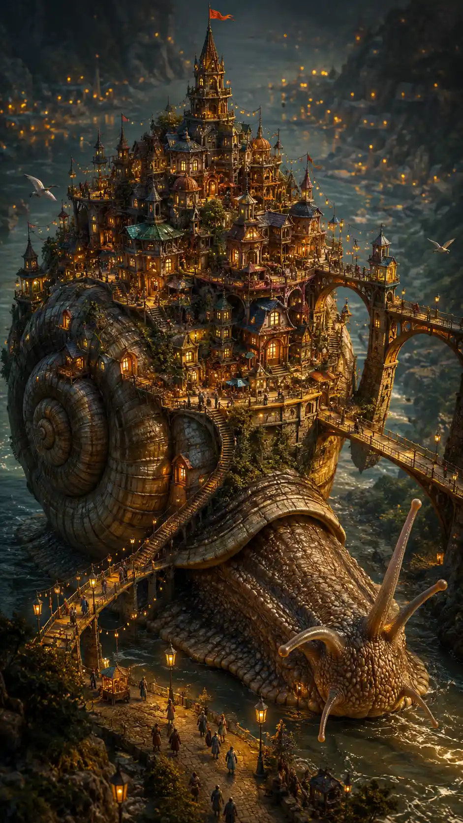Una diminuta ciudad medieval se alza sobre el caparazón de un caracol gigante