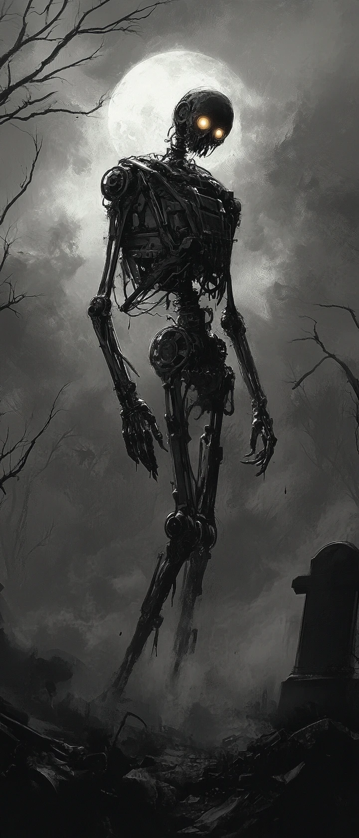 A tattered automaton stands alone in a foggy victorian graveyard