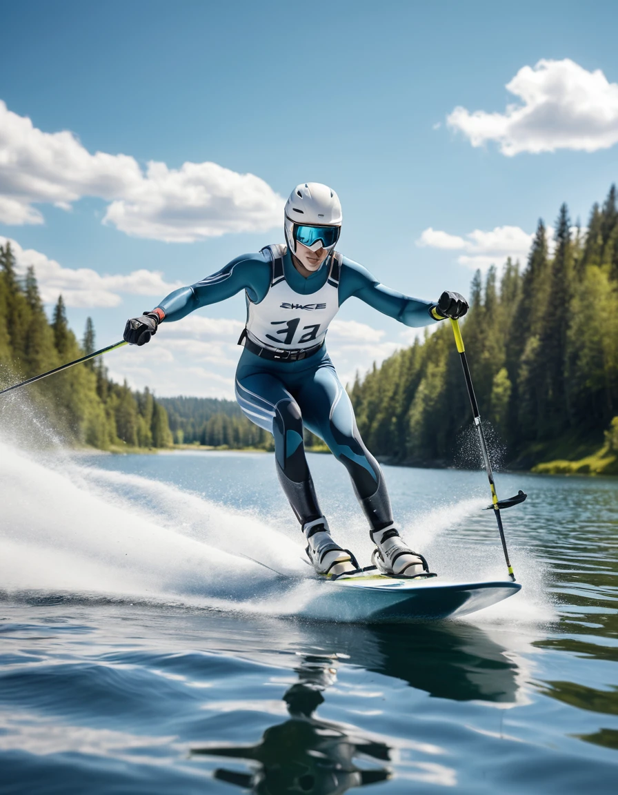 Water skier glides across a lake in a spray of summer sunlight