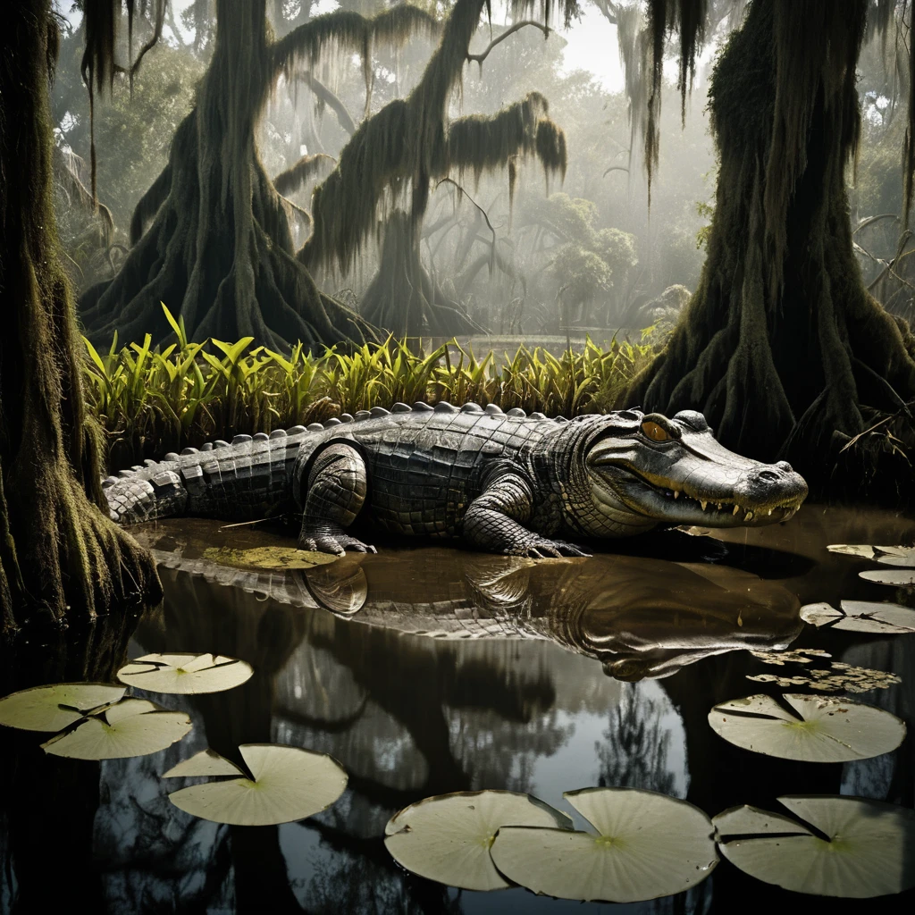 Um aligátor-da-luisiana espreita sob ciprestes num bayou enevoado