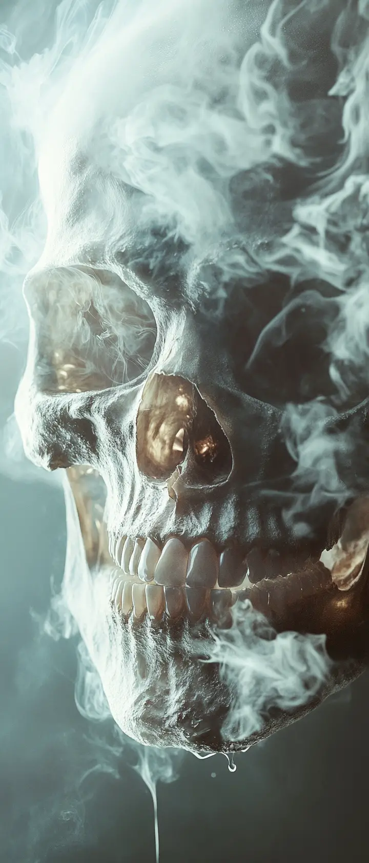 Un rostro bañado en lágrimas se funde con una calavera en un inquietante primer plano