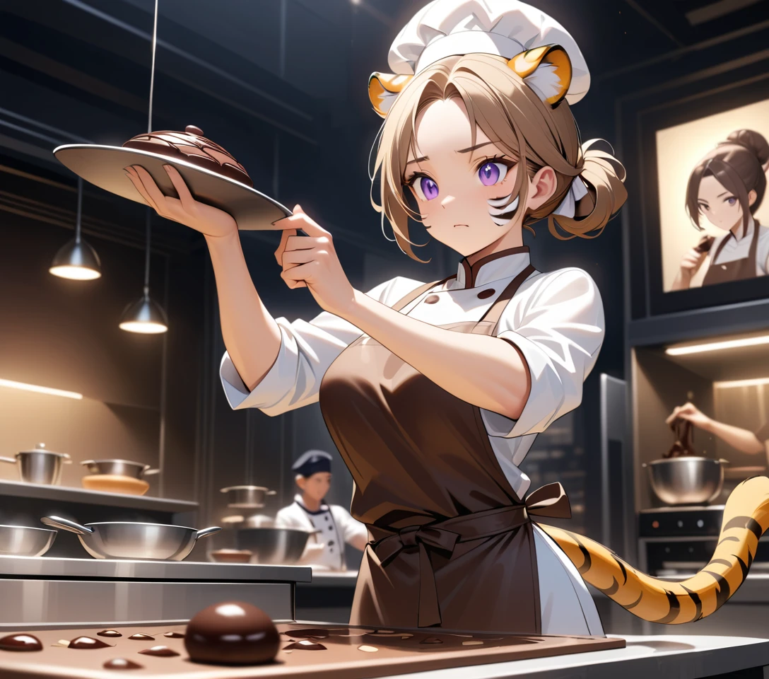 Una pastelera tigresa termina una escultura de chocolate en una competición