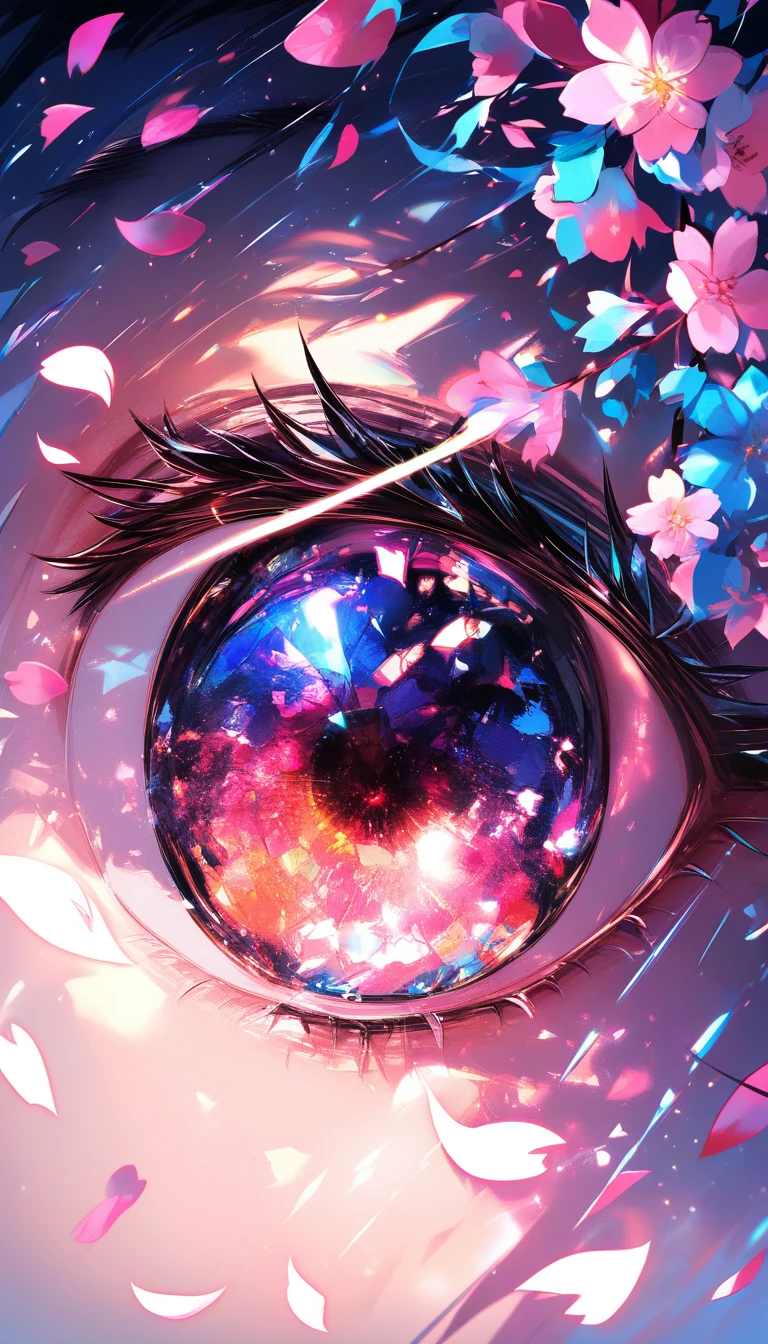 Anime characters leap from a glowing phone as cherry blossom petals sway