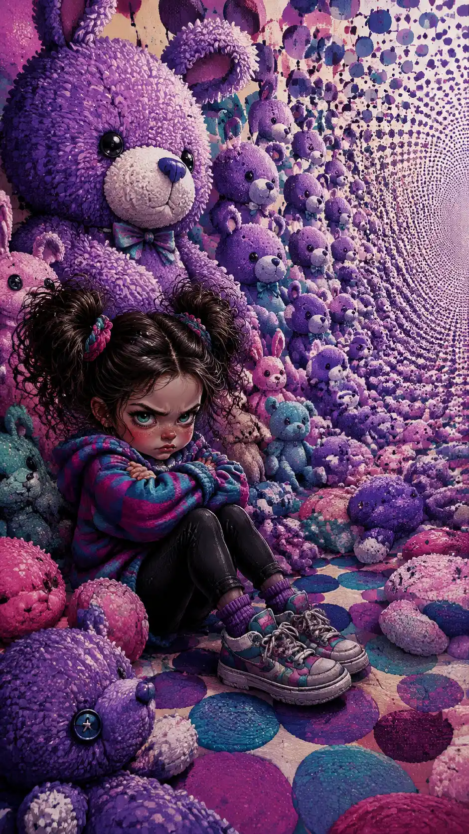 Tiny girl guards her enormous collection of stuffed animals