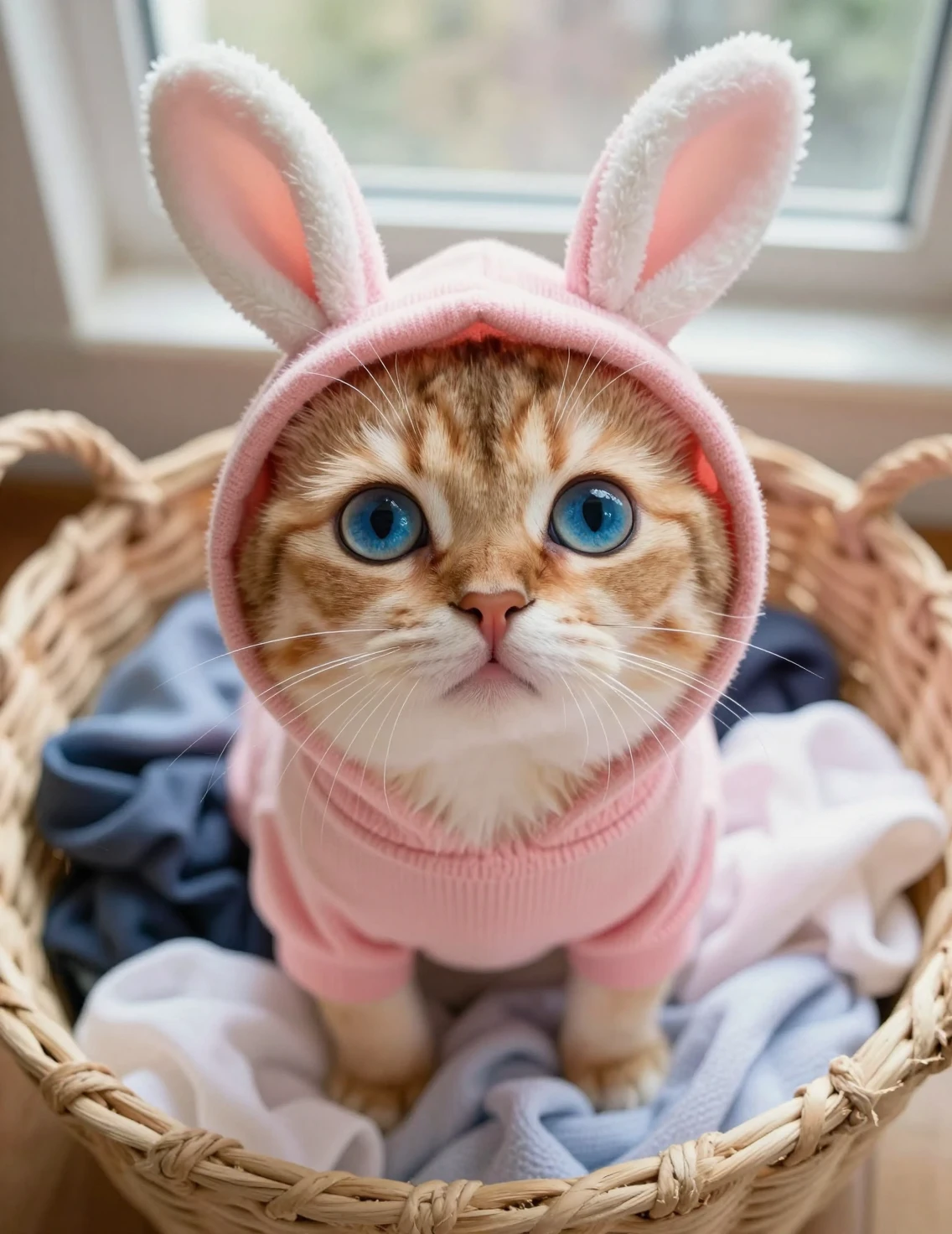 Ein winziges orangefarbenes Kätzchen schaut im rosa Pullover aus einem Wäschekorb hervor