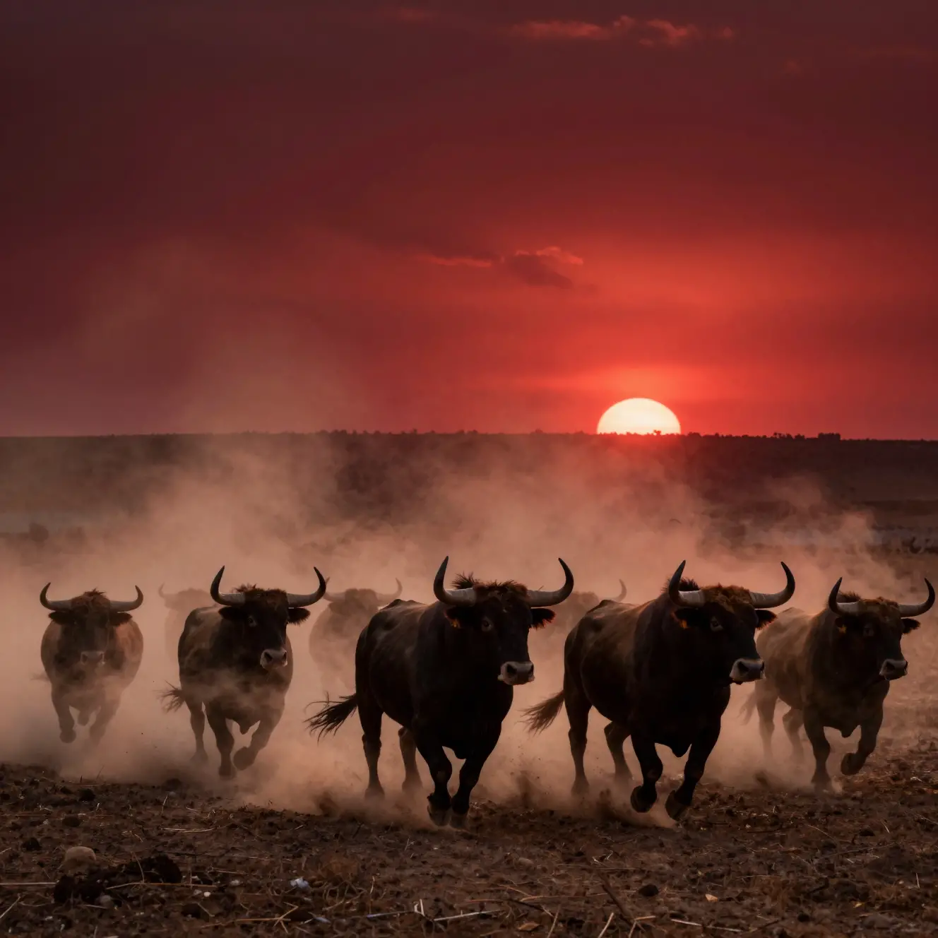 Touros selvagens avançam por uma terra árida sob um céu vermelho em chamas