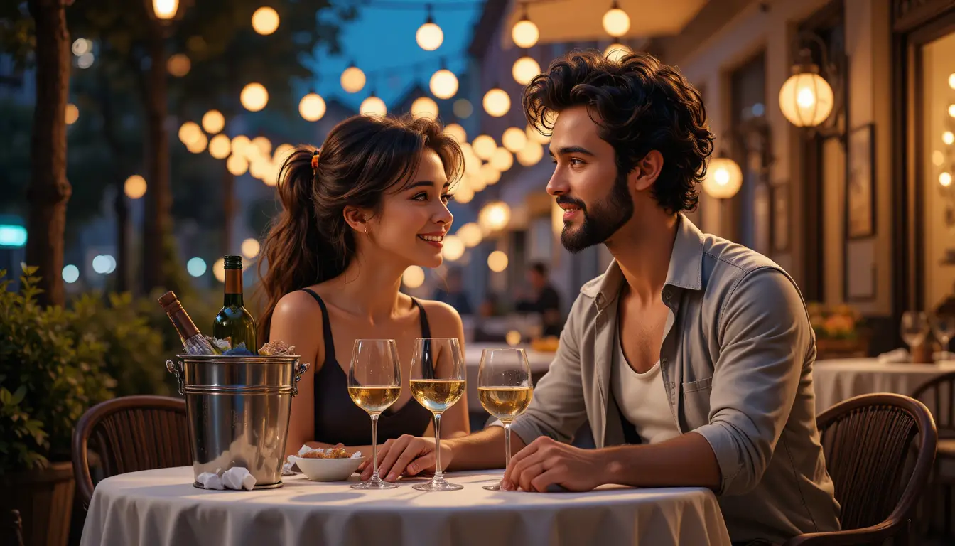 Ein Paar genießt ein romantisches Abendessen in einem Straßencafé bei Nacht