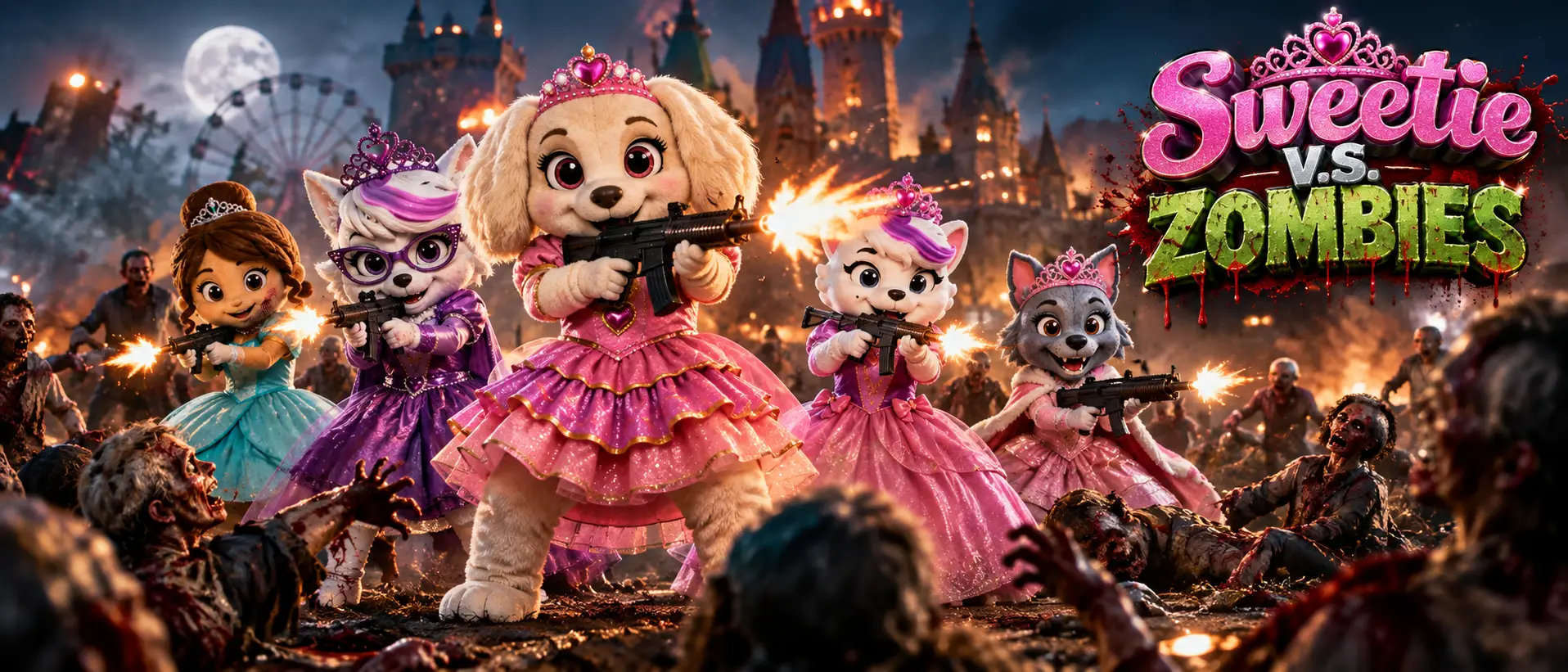 Des mascottes de princesses tirent sur des zombies dans une scène en prise de vues réelles