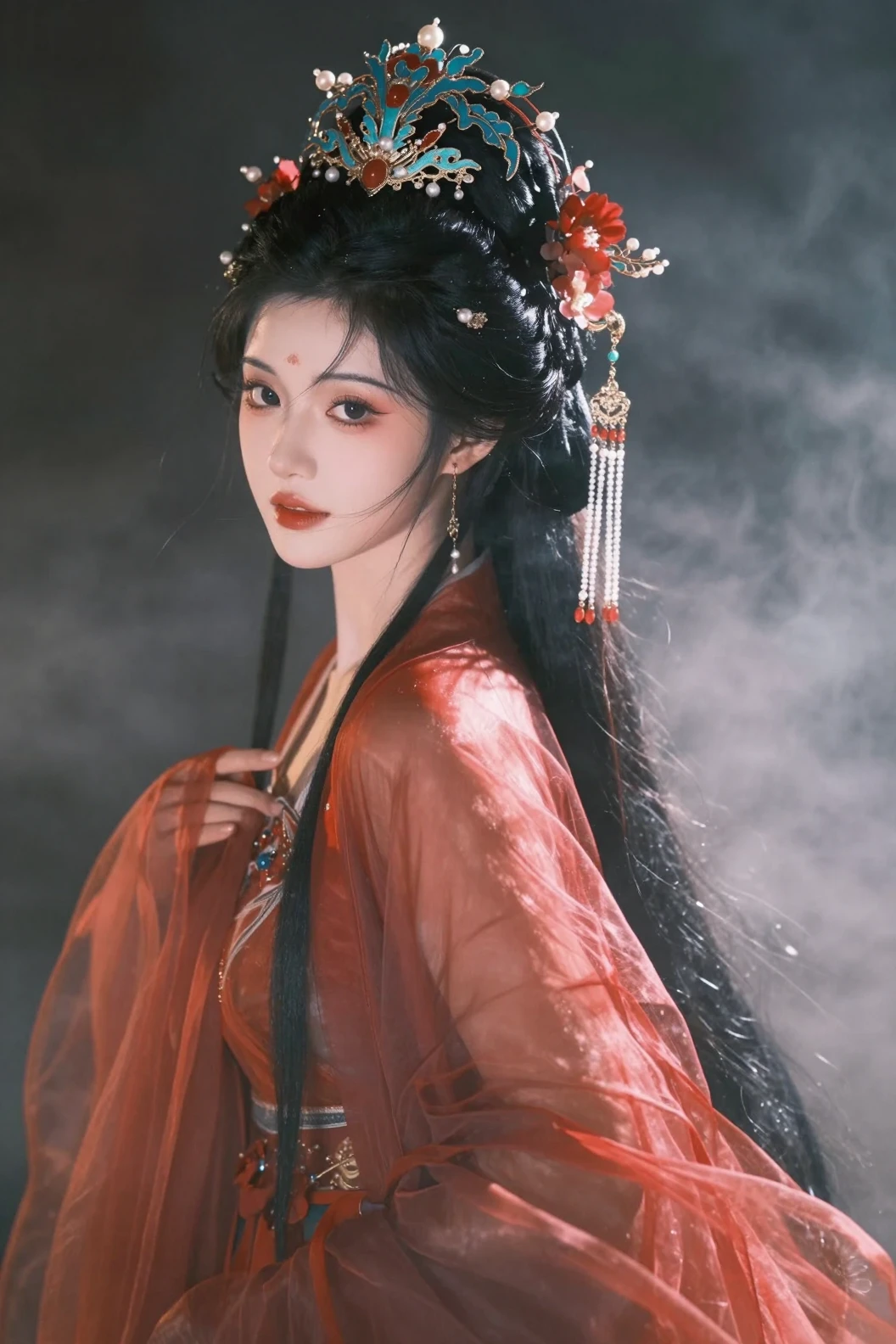 Ethereal woman in a jeweled headdress and flowing red sheer robe
