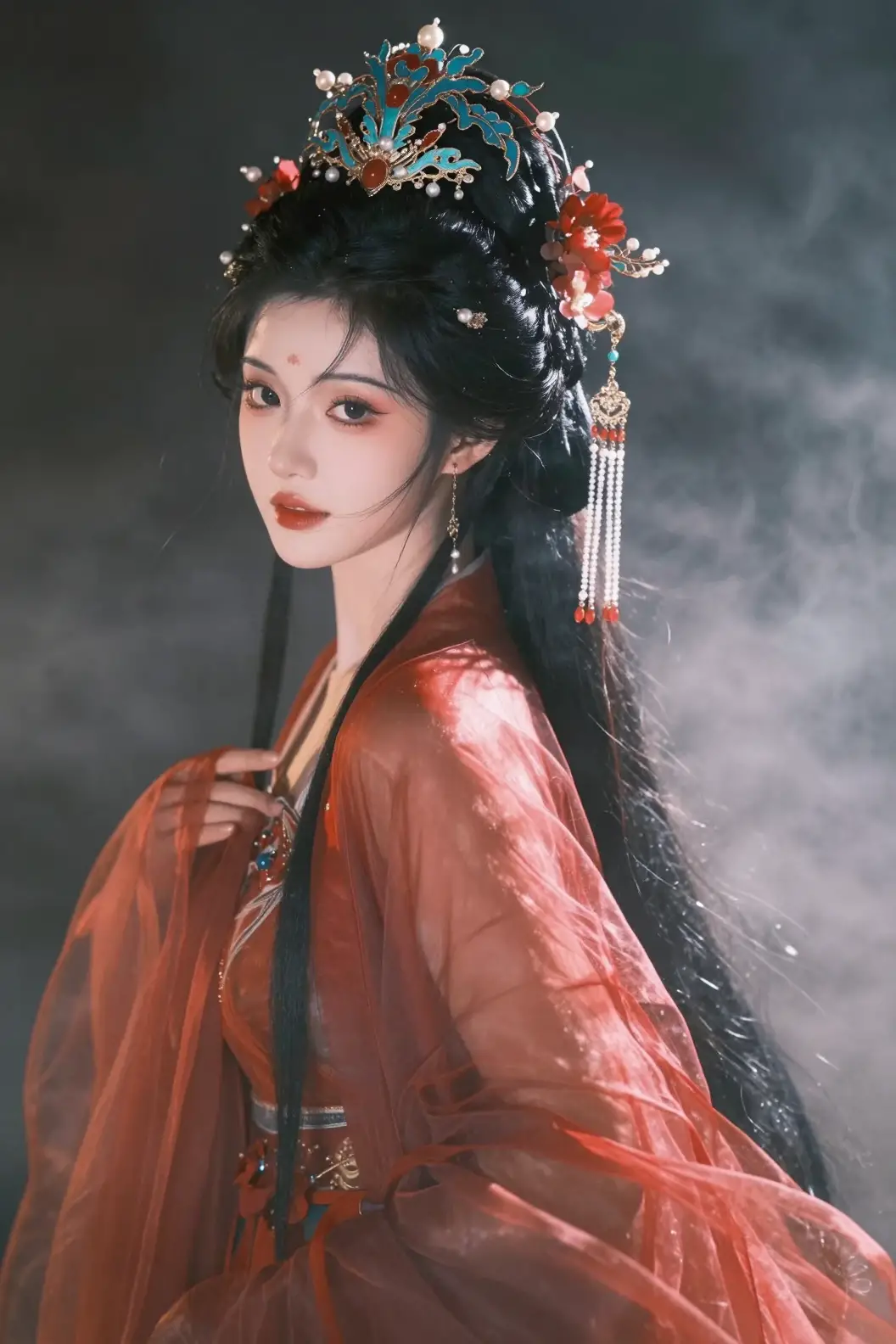 Femme éthérée portant une coiffe ornée de bijoux et une robe rouge fluide et transparente