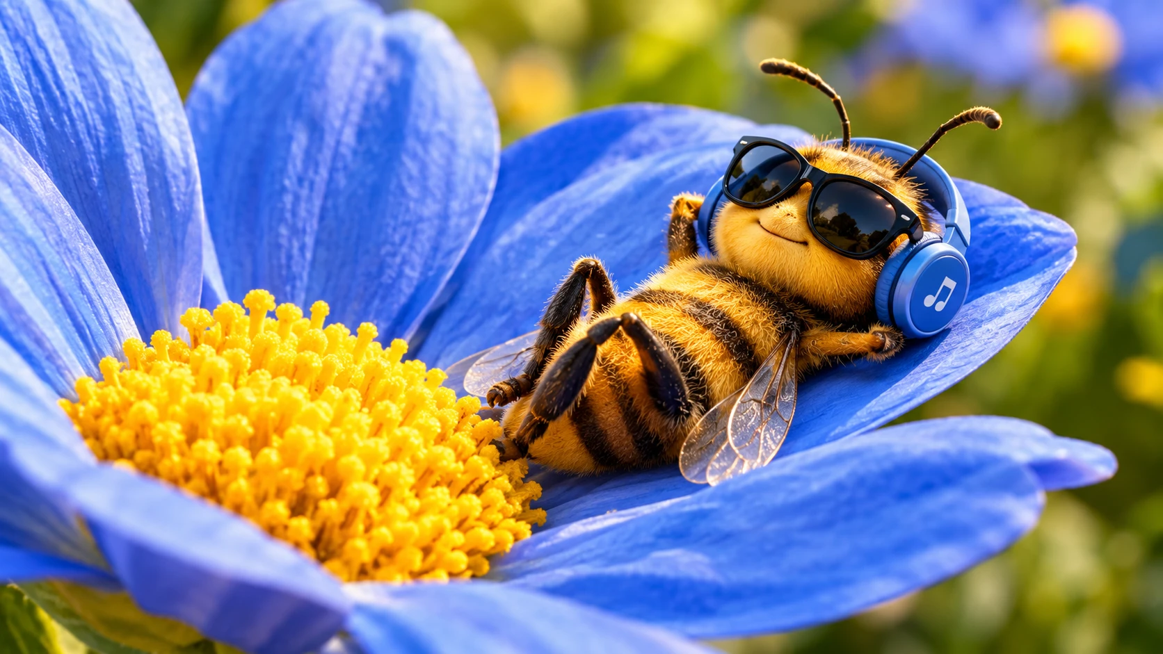 A Tiny Bee Sunbathes on a Blue Flower Wearing Sunglasses and Headphones