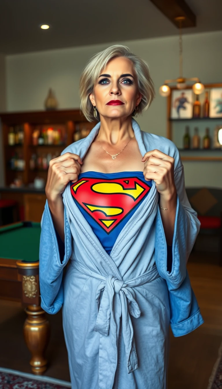 Une femme dévoile un costume de super-héroïne dans une salle de jeux privée
