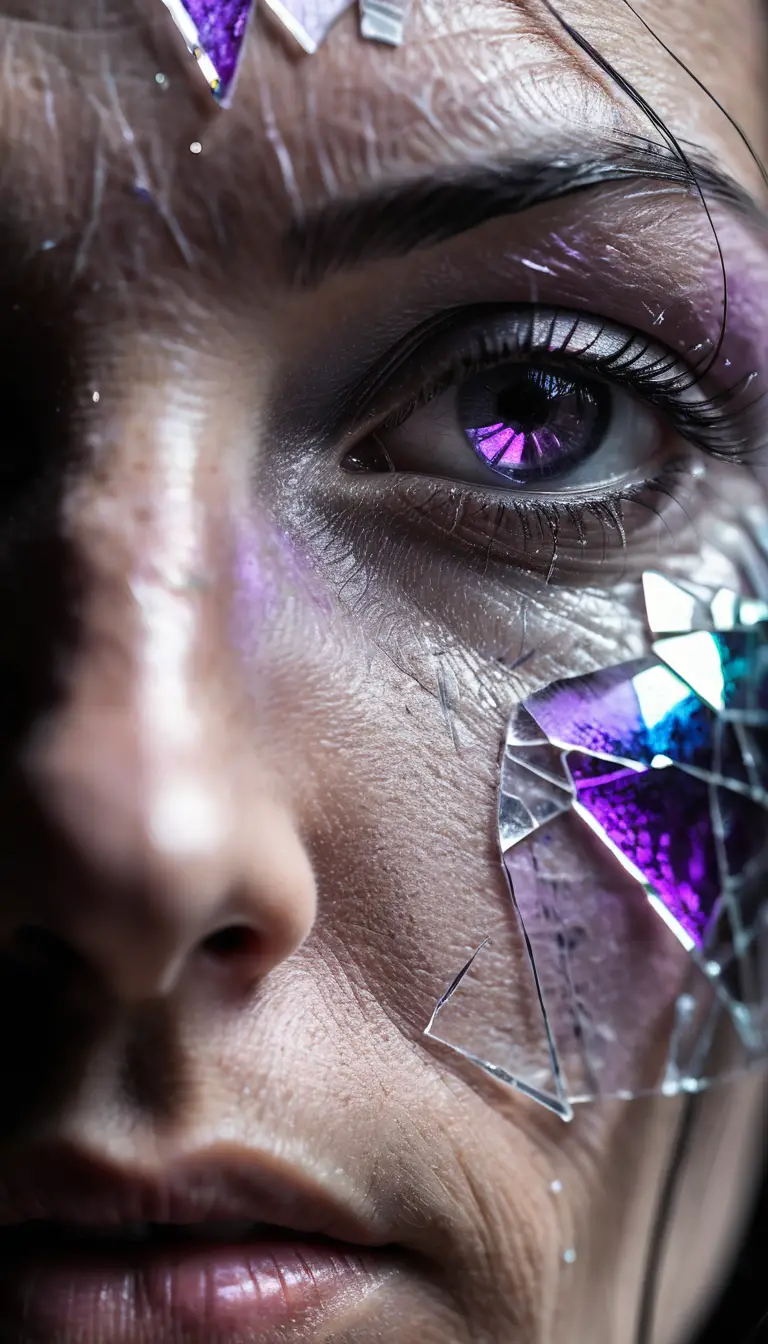 Un visage voilé de fissures semblables au verre et de lumière prismatique