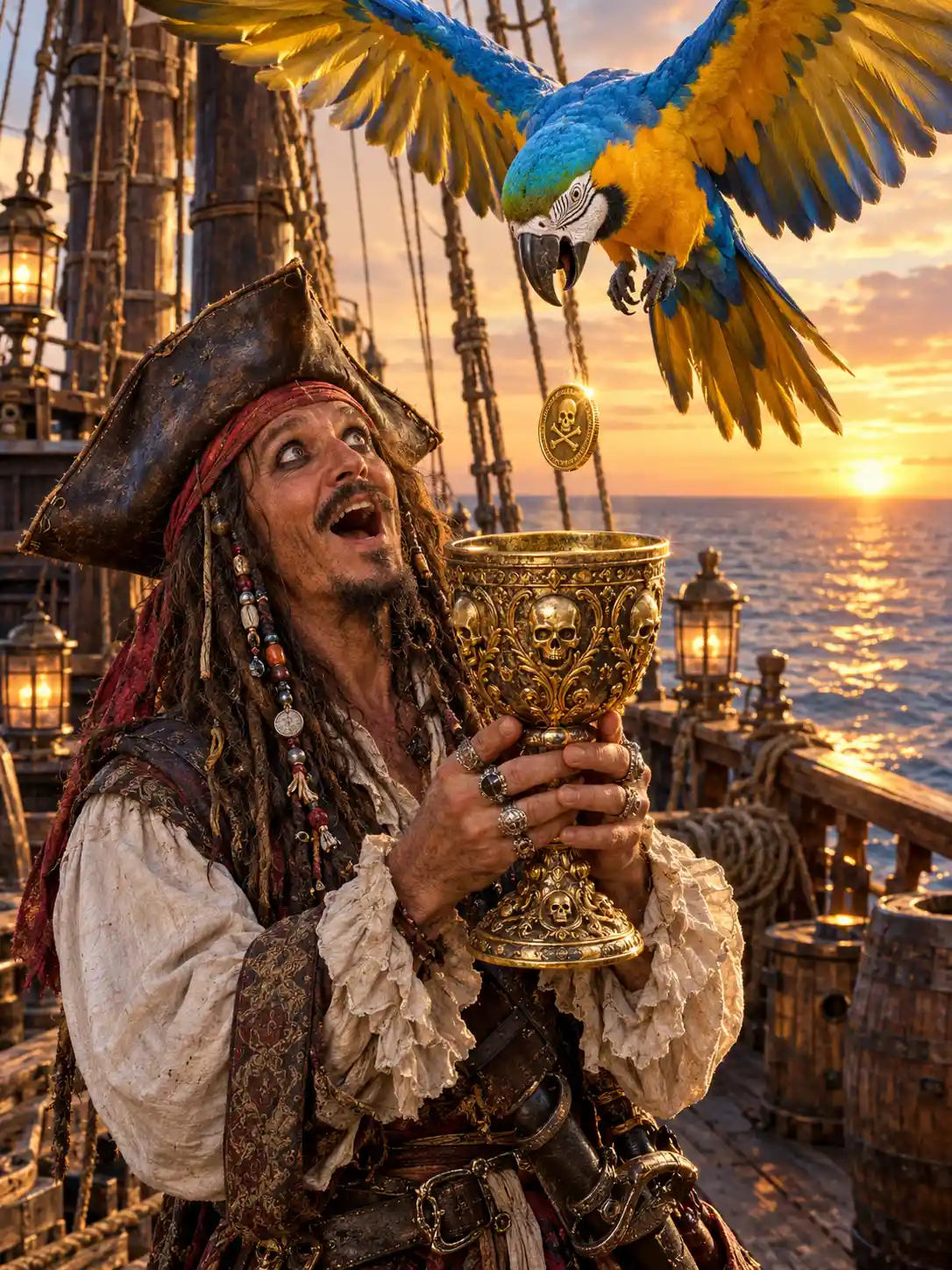 A pirate captain watches a macaw drop gold into his chalice