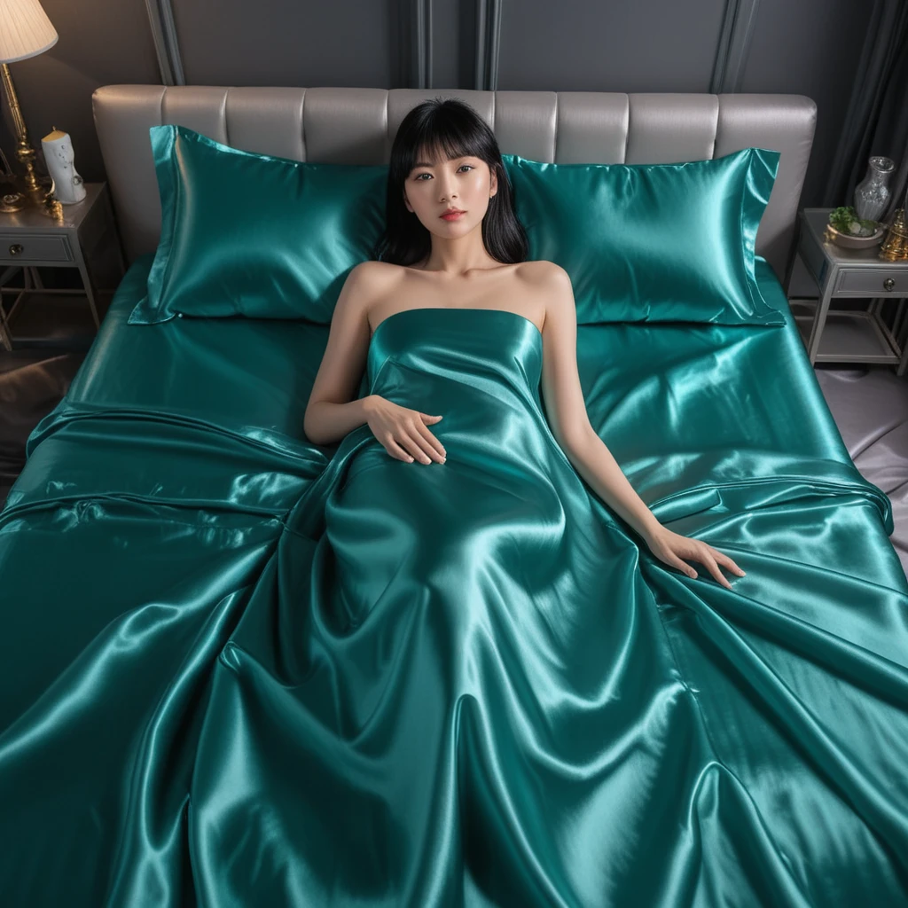 A Japanese woman lies on glossy satin king bed sheets