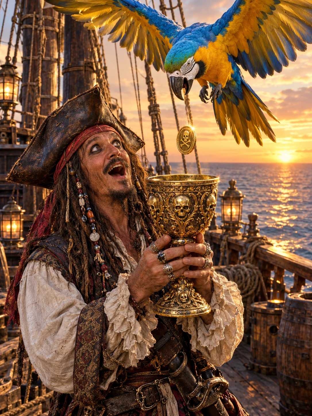 Um capitão pirata observa uma arara deixar cair ouro no seu cálice