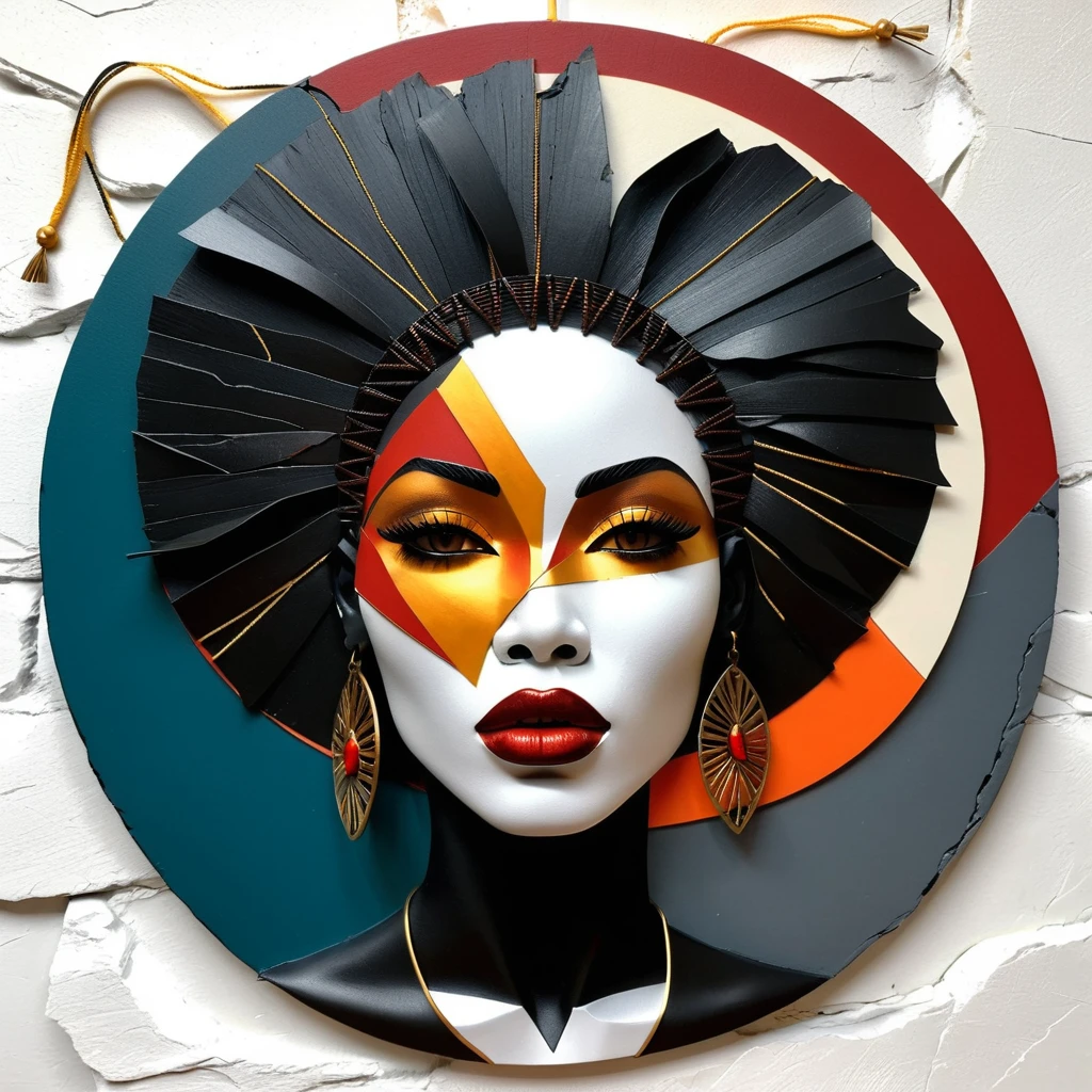 Retrato geométrico de uma mulher negra com cabelo trançado e medalhões de bronze