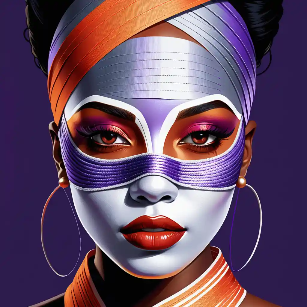 Uma mulher negra surreal com o rosto envolto em tecido colorido