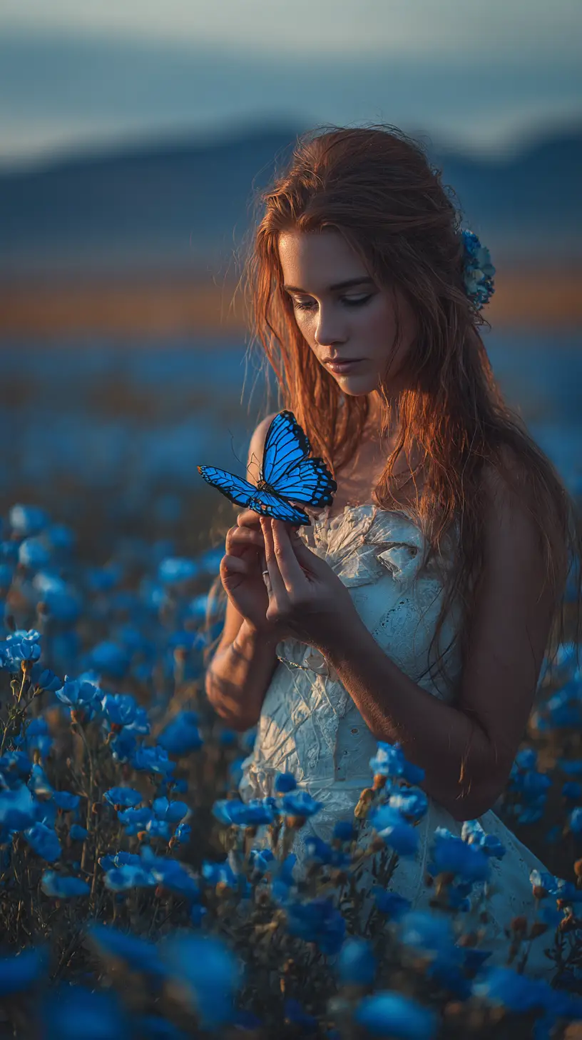 Une femme observe un papillon bleu posé sur son doigt dans un champ de fleurs