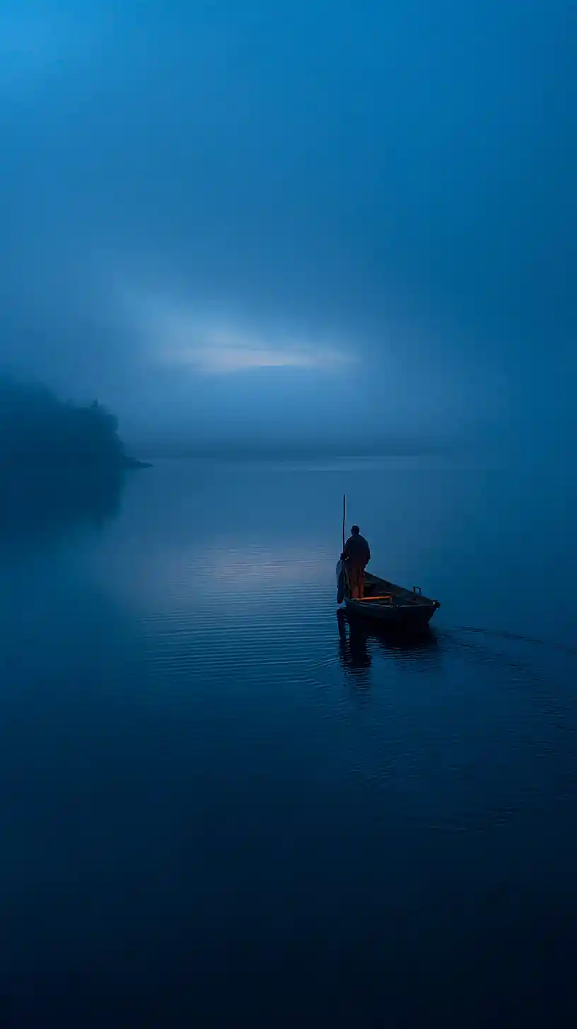 A woman standing in a small boat on a misty lake at dusk