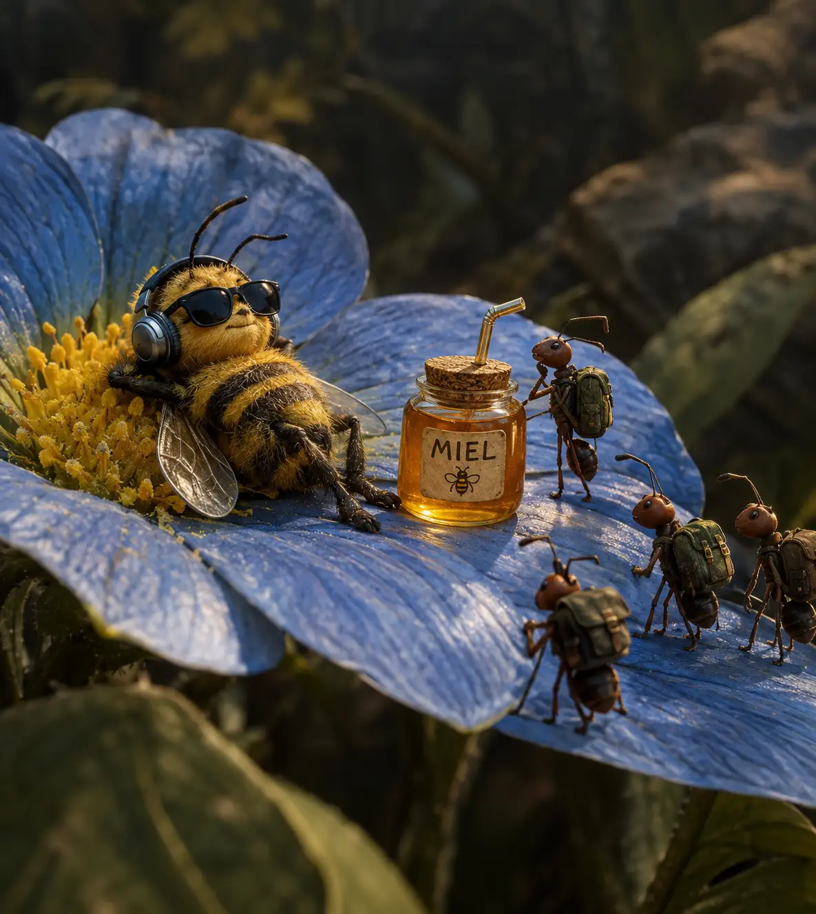 Une minuscule abeille se prélasse sur une fleur bleue, avec des lunettes de soleil et un casque audio