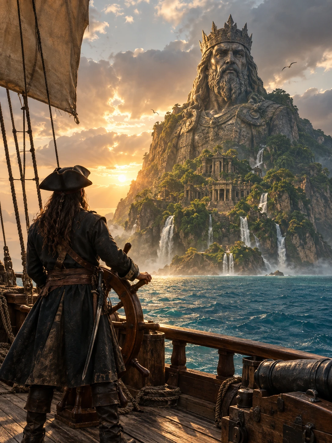 A pirate captain faces a colossal stone king carved into an island