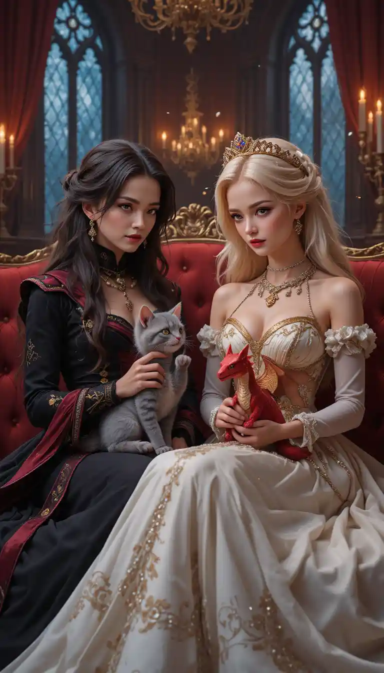 Fantasy women share a castle sofa with their mischievous pets