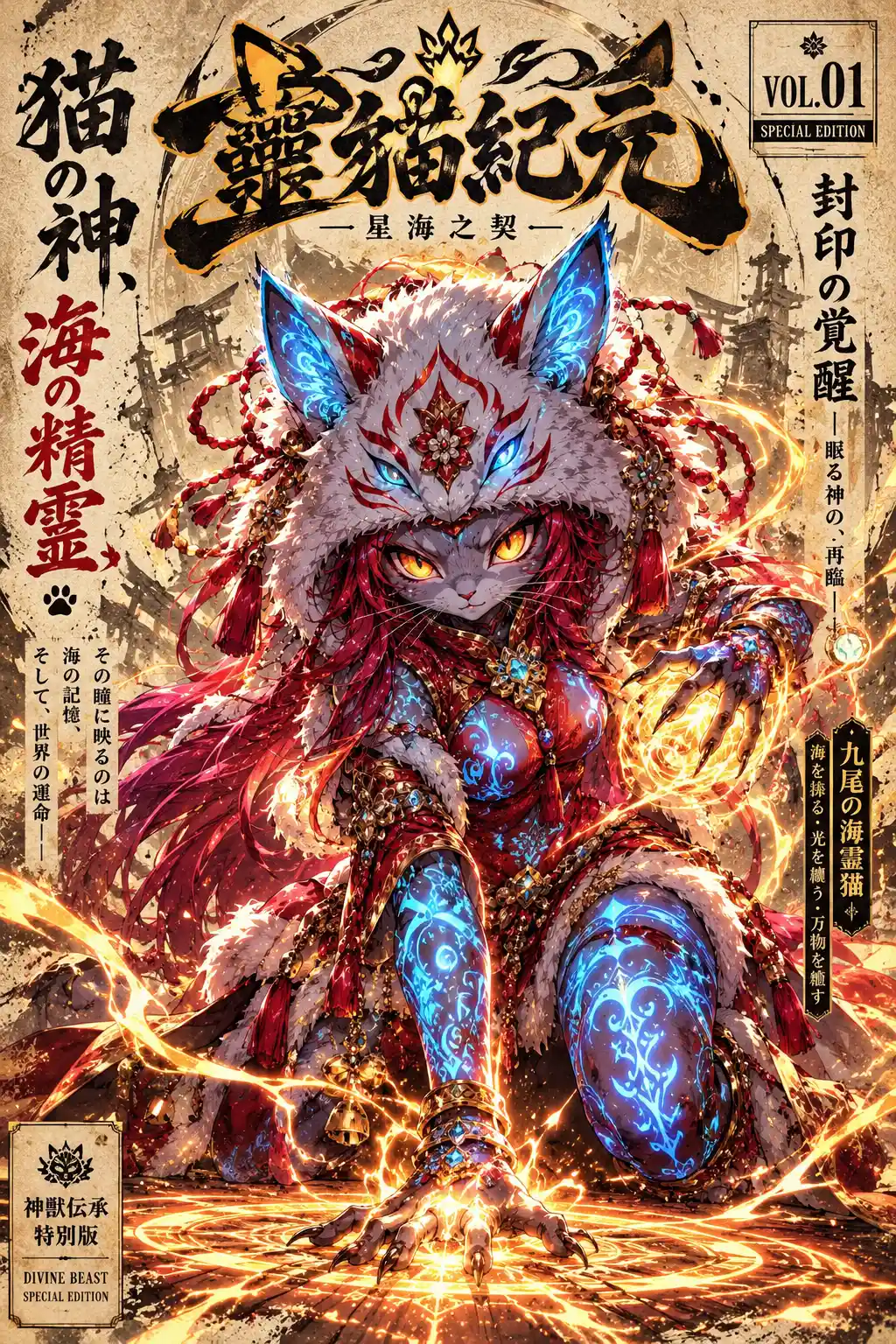 Un personaje de fantasía de cuerpo entero se arrodilla mientras reúne energía luminosa para una portada de manga
