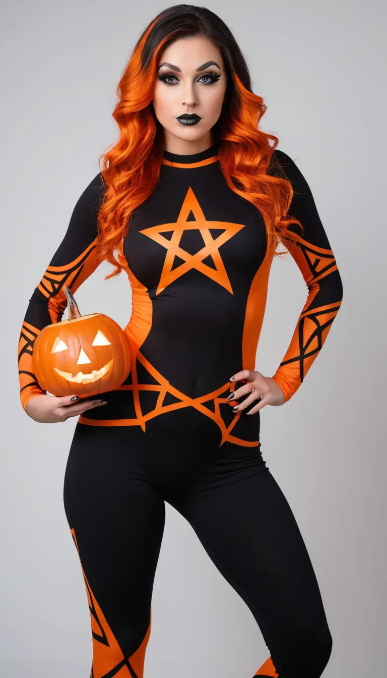 Une femme vêtue d'un body orange et noir orné de pentagrammes tient une citrouille-lanterne