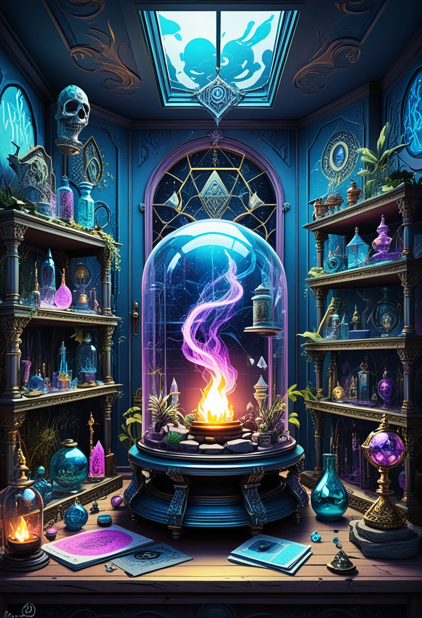 An enchanted glass display filled with potions and crystals