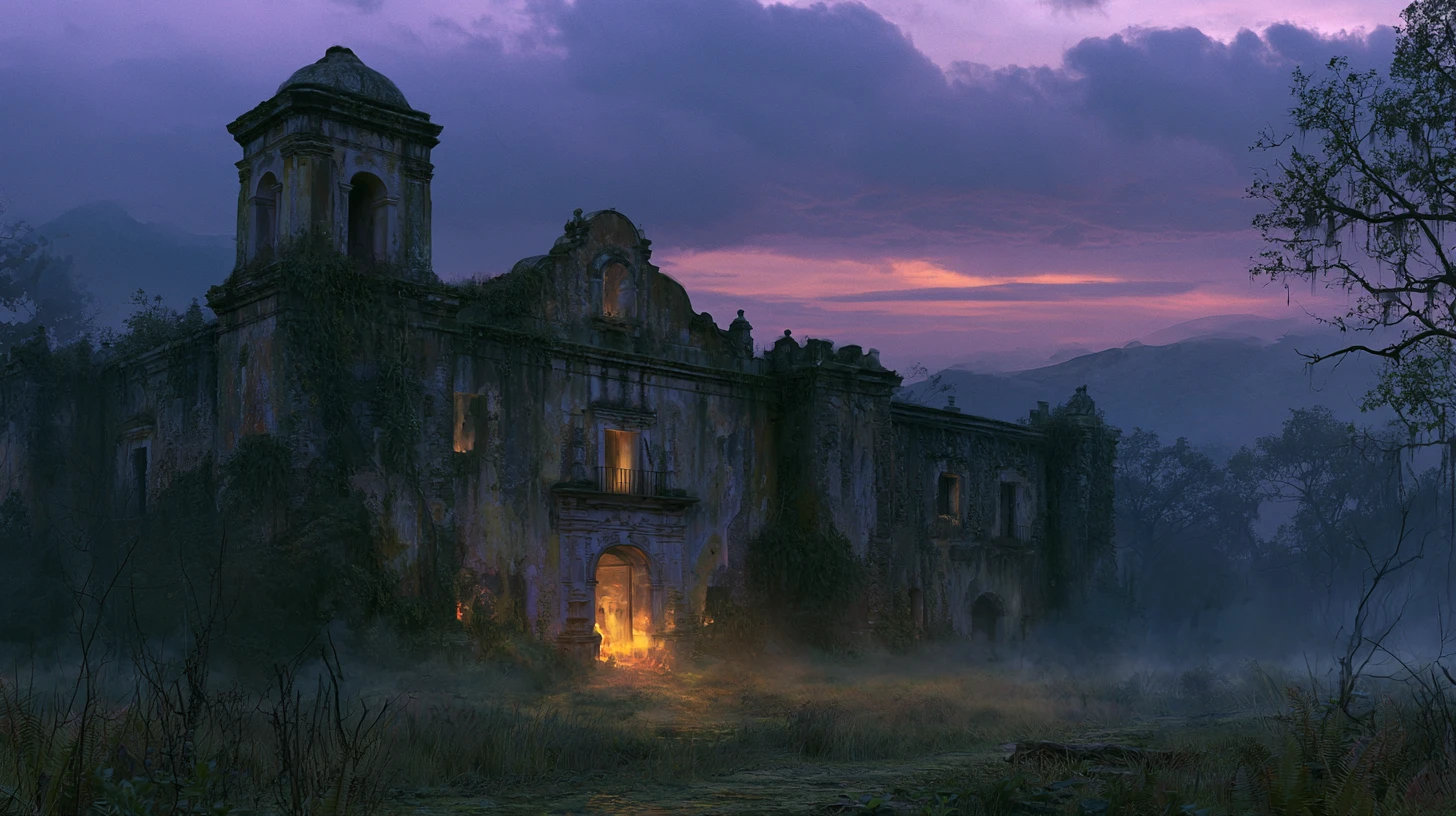 Una hacienda spagnola abbandonata, avvolta dai rampicanti in un paesaggio nebbioso