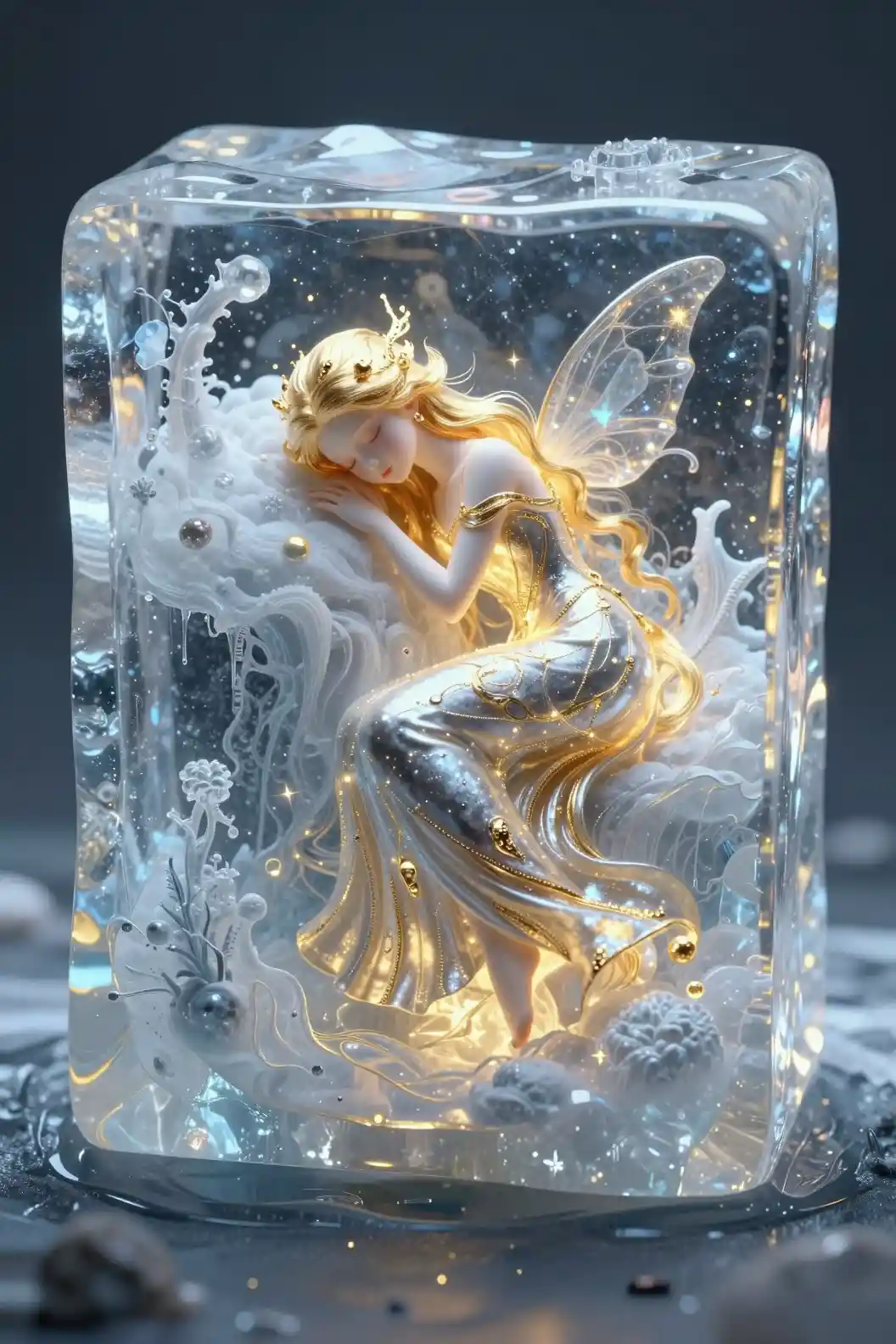 A sleeping fairy rests inside a transparent melting ice cube