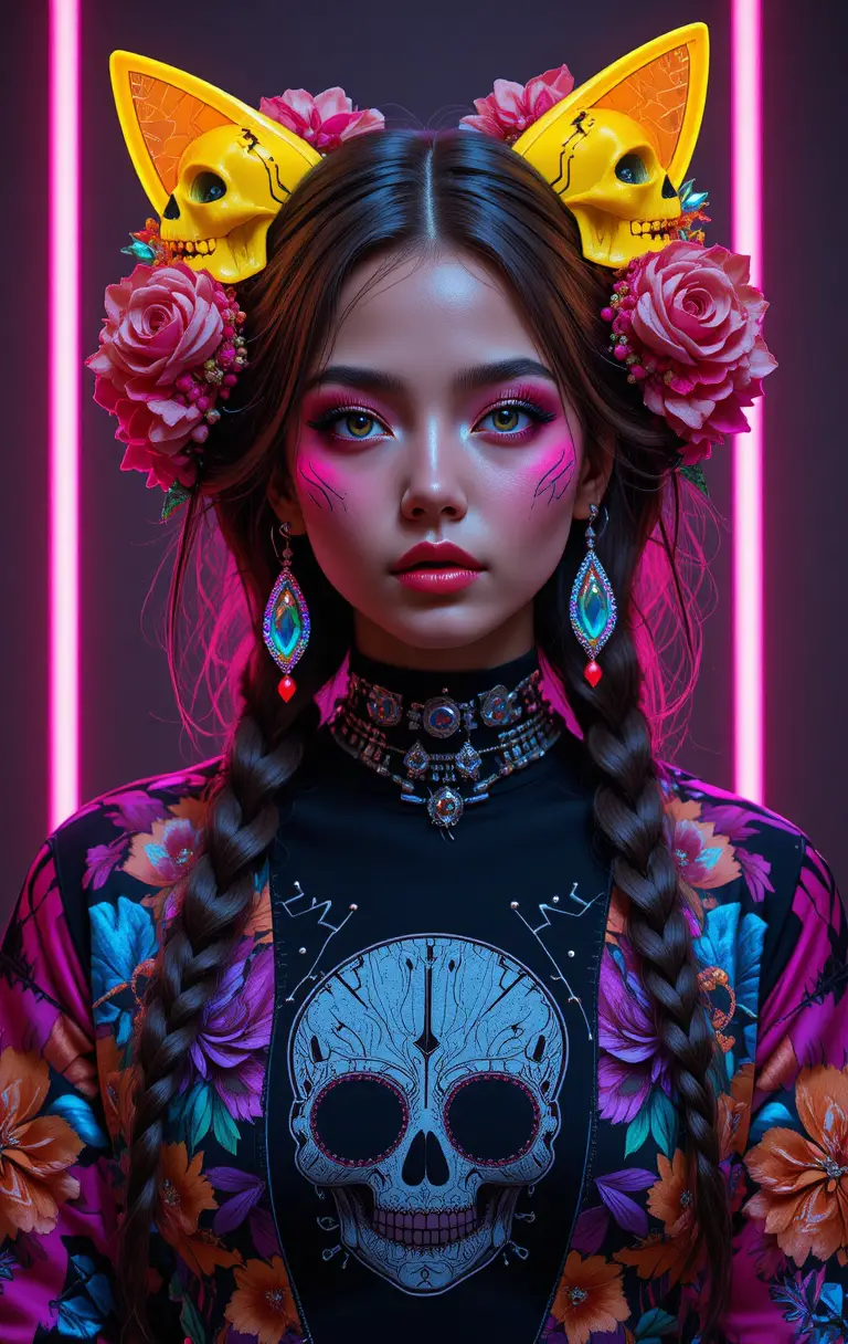 Junge Frau mit geflochtenem Haar und Cyberpunk-Zuckerschädel-Make-up