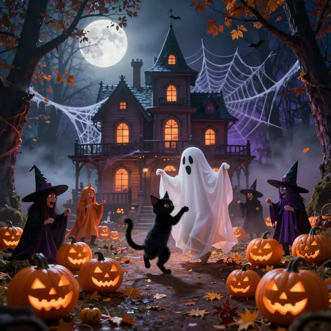 A ghost and black cat dance before a haunted mansion