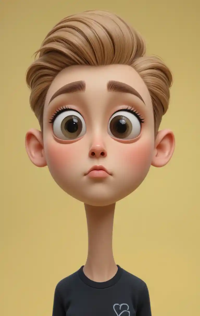 An exaggerated cartoon portrait with a spherical head and long neck