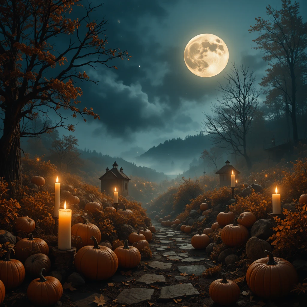 A Full Moon Illuminates a Misty Autumn Landscape Beneath a Starry Sky