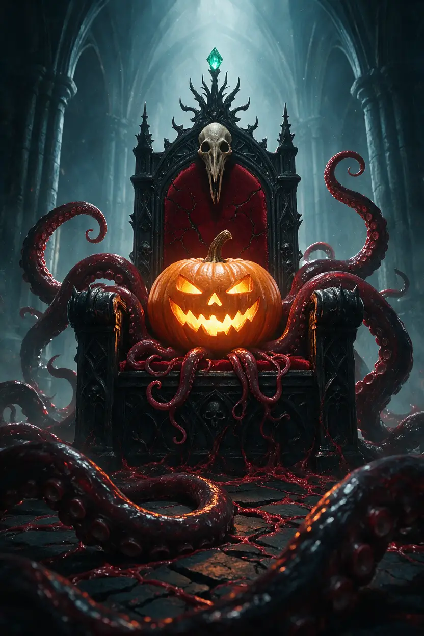 Ein leuchtender Jack-o’-Lantern thront in einer dunklen Halle auf einem gotischen Thron
