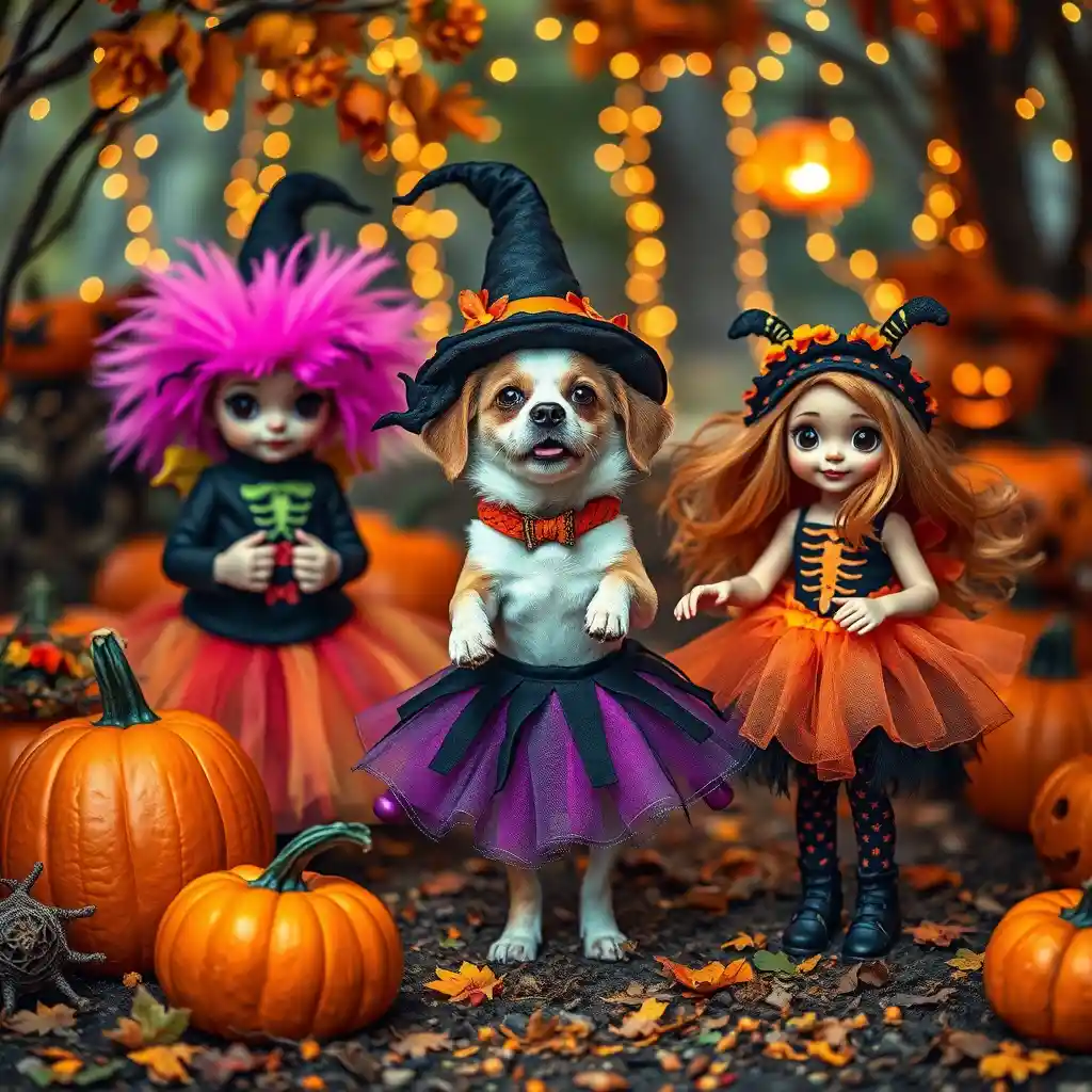 Ein zauberhaftes Halloweenfest mit kostümierten Haustieren, Feentänzen und Kürbissen im Herbst