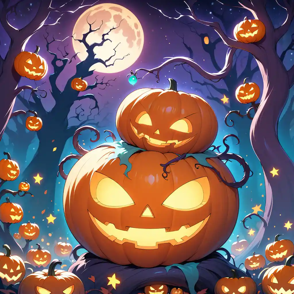 Ein riesiger grinsender Kürbis erwacht unter dem Halloween-Vollmond