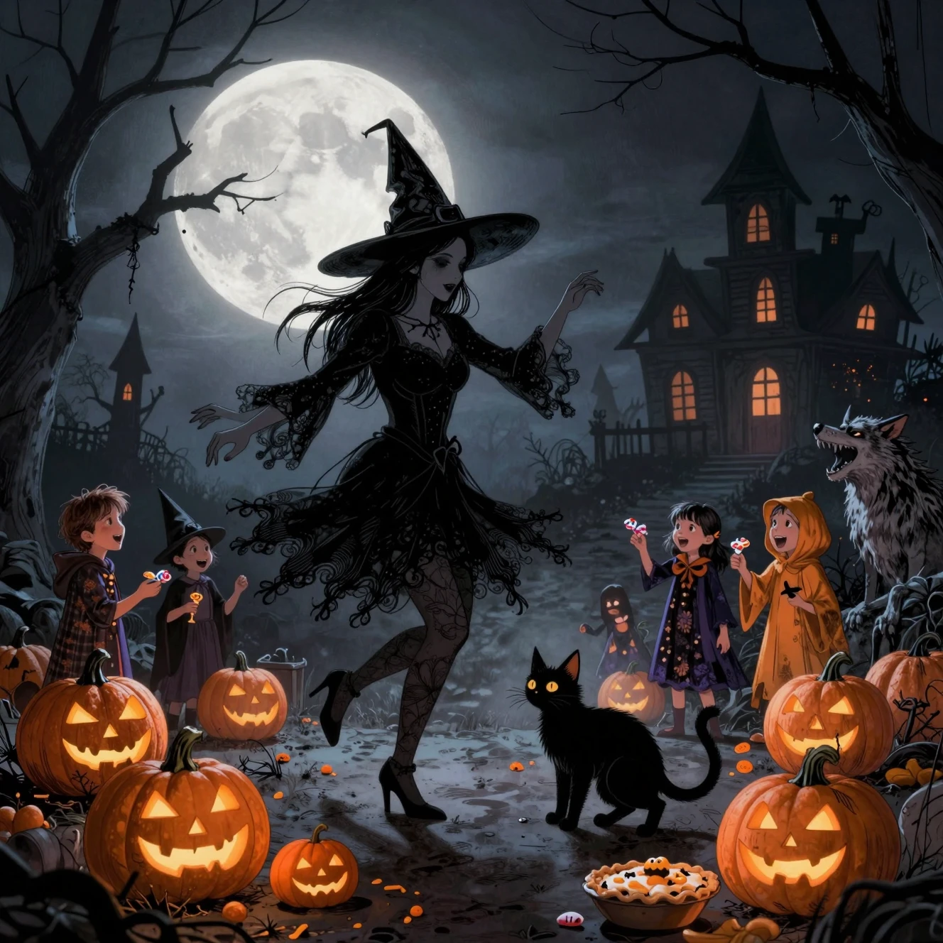A mischievous witch and black cat dance among glowing jack-o'-lanterns