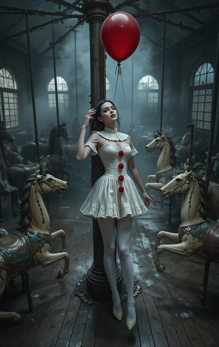 A Clown Woman Reaches Through Fog on an Abandoned Carousel