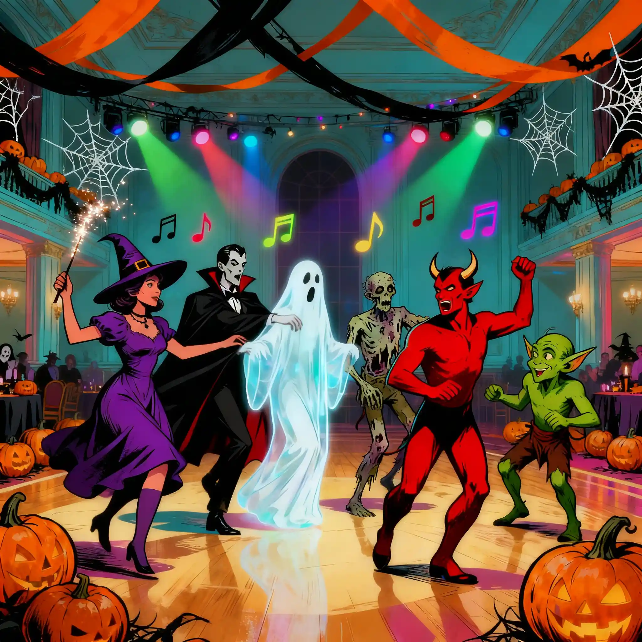 Horror characters dance together at an extravagant Halloween party