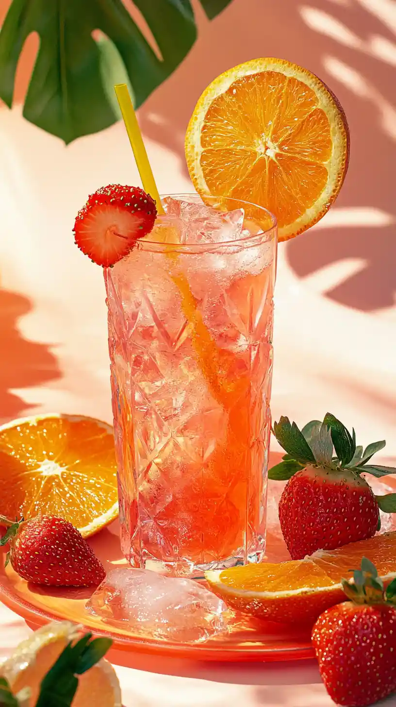 Erdbeer-Orangen-Cocktail im facettierten Glas mit Früchten und Eis