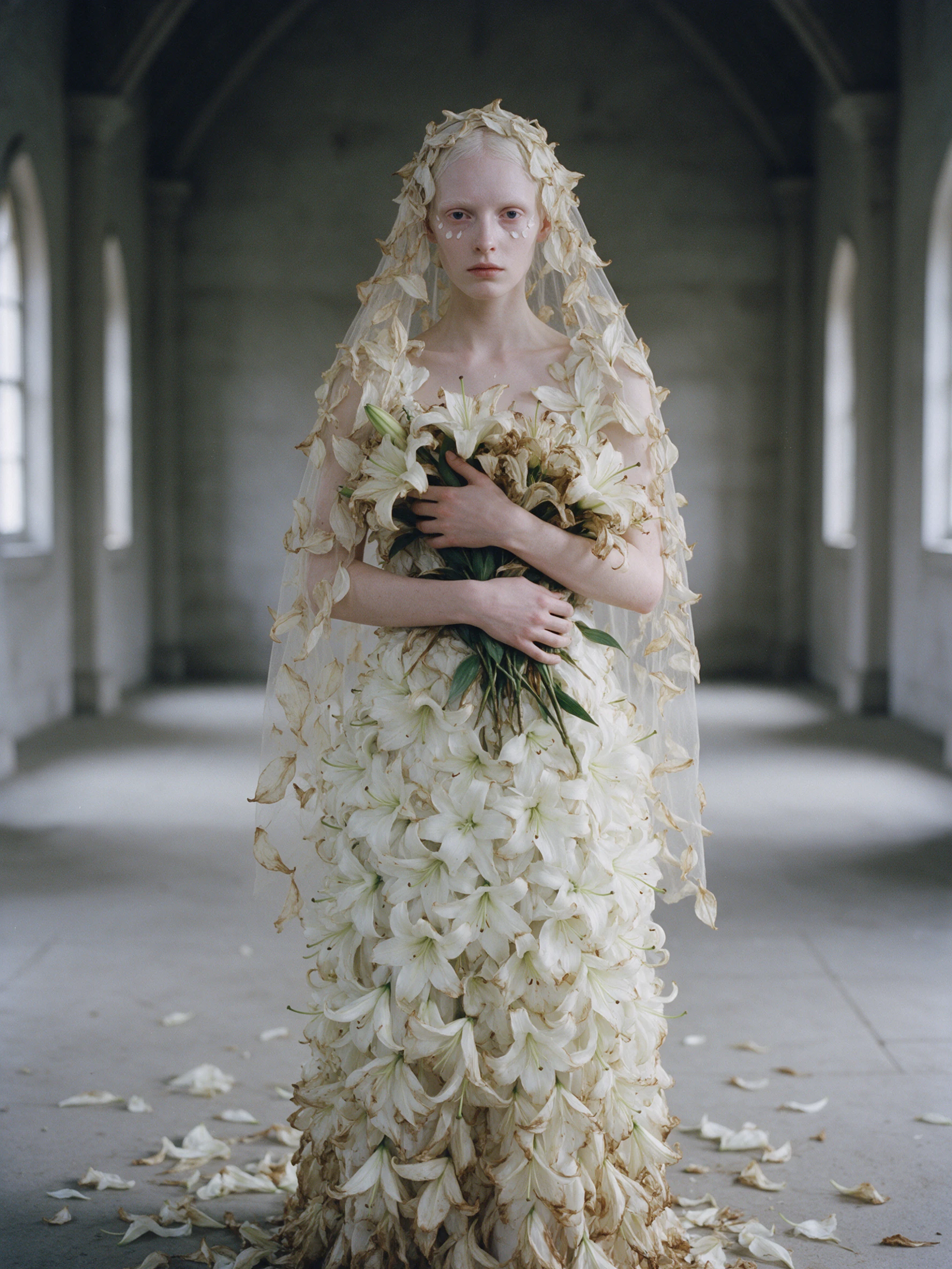 Ein Model steht allein in einer kapellenartigen Halle und trägt ein Kleid aus Lilien