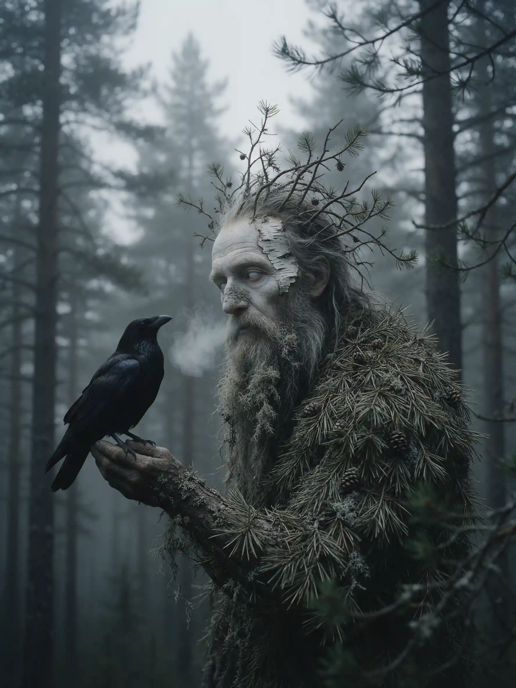 Ancient pine forest spirit stands in fog beneath a crown of branches