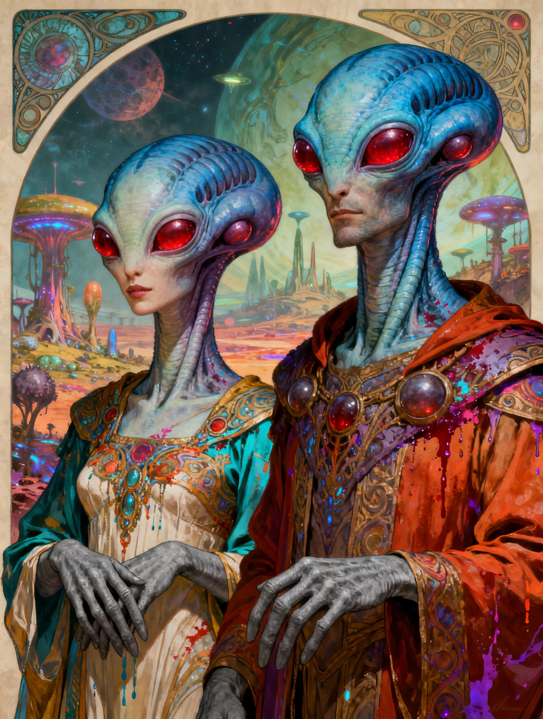 Blue three-eyed aliens pose against a fantastical otherworldly landscape