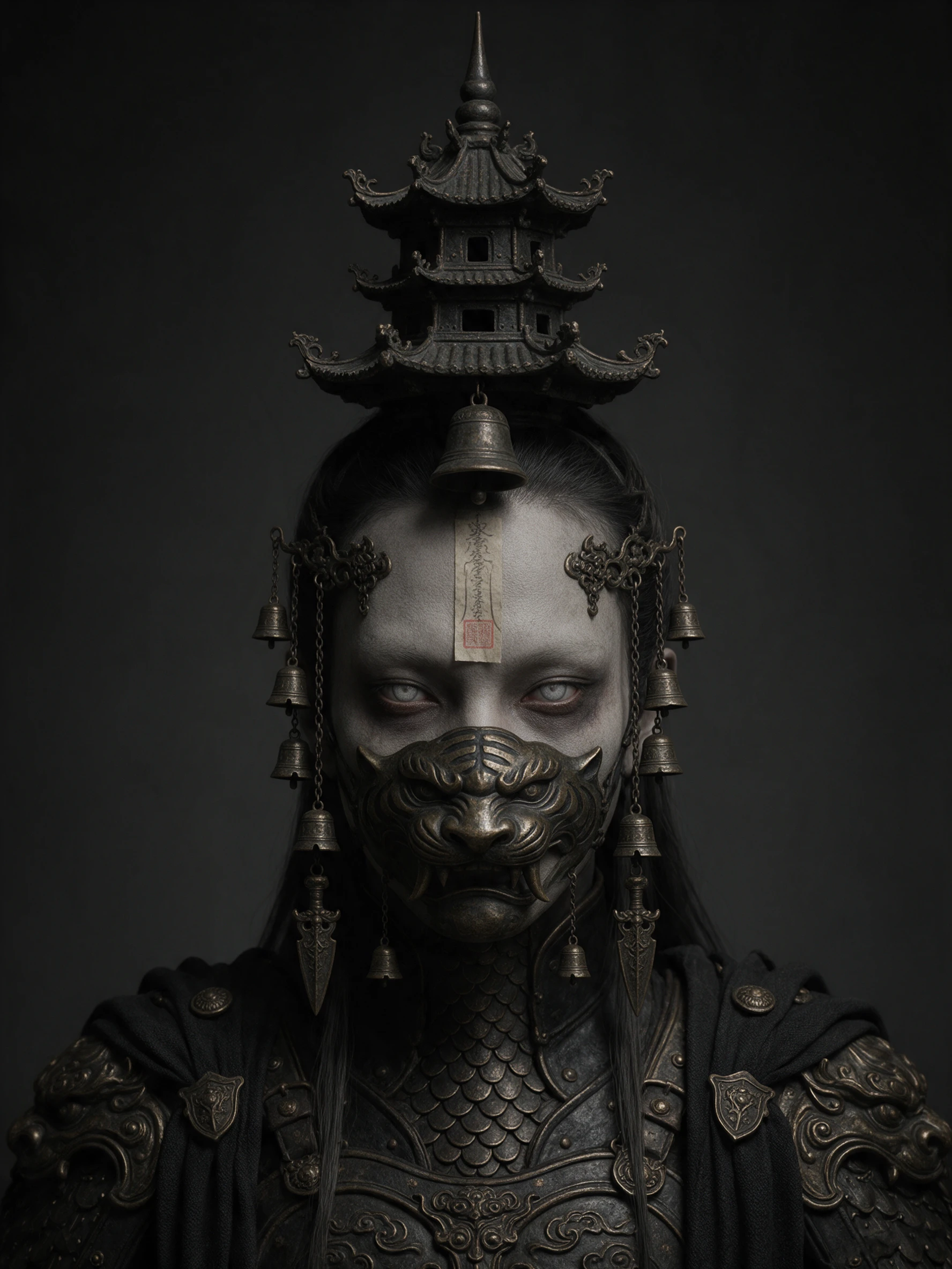 A bell tower guardian portrait with bronze armor and a tiger mask
